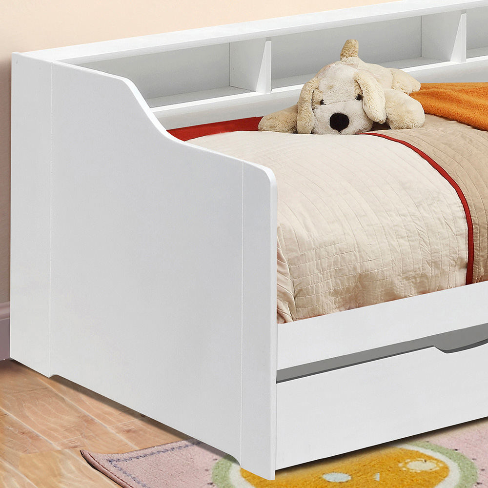 Comfy Living Single White Wooden Bed with Trundle and Shelves Image 3