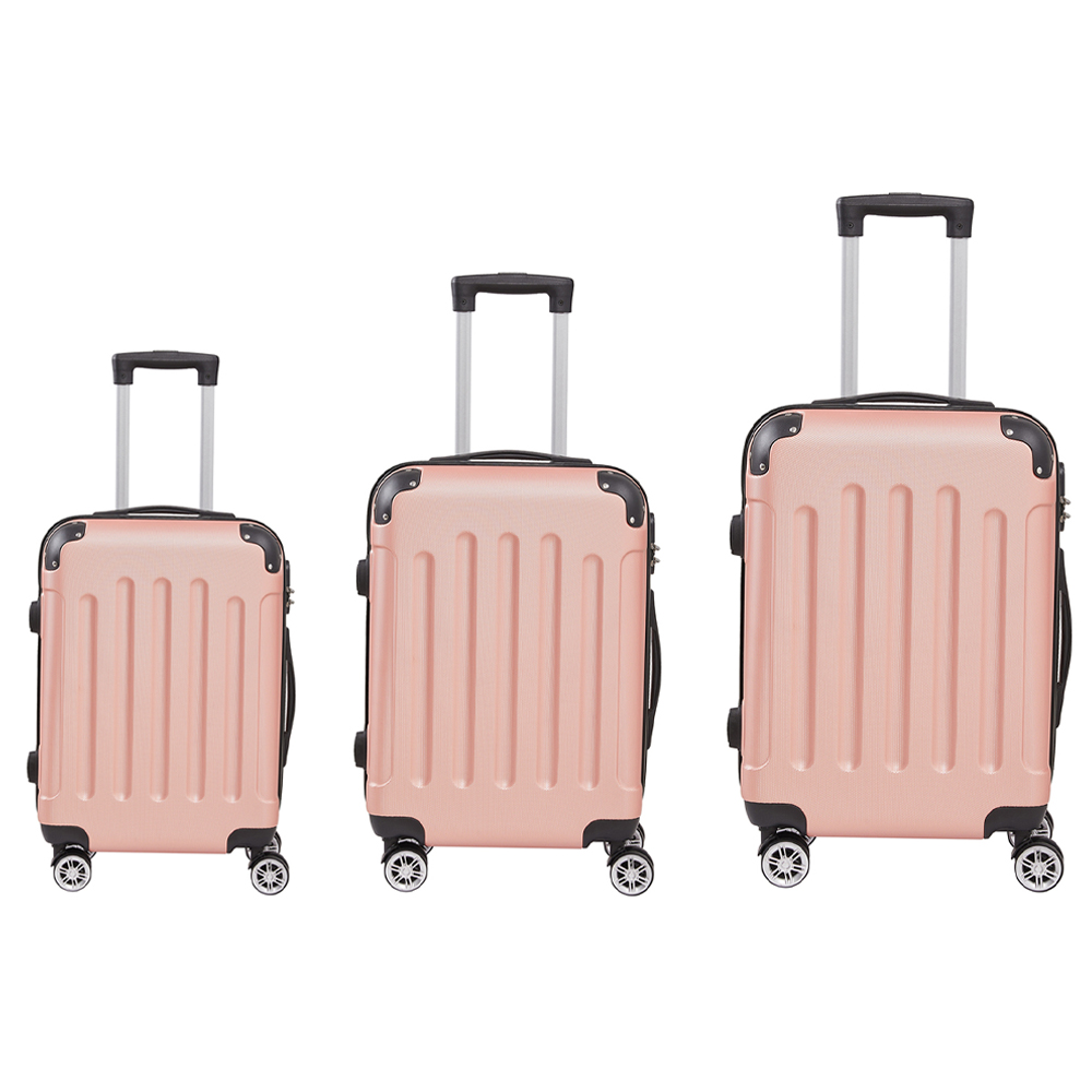 H&O Direct Set of 3 Rose Gold Stripe ABS Hardshell Suitcase Set Image 1