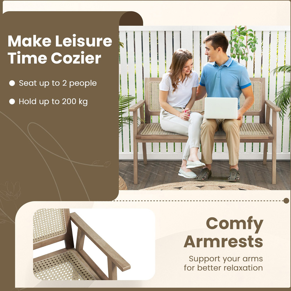 Costway Teak Wood Rattan Garden Bench Image 8