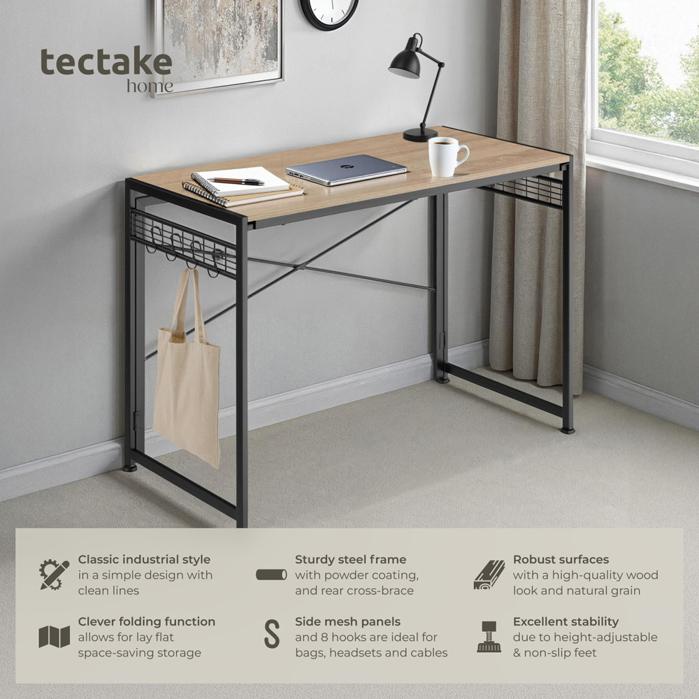 tectake Paterson Light Wood Oak Foldable Desk with 8 Storage Hooks Image 6