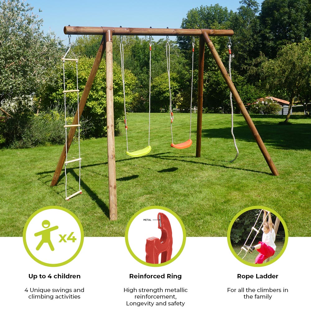 Soulet Ernest Kids Wooden Double Swing Set with Rope and Ladder Image 4