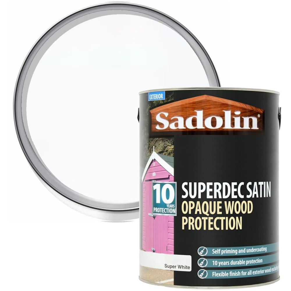 Sadolin Superdec 10 Year White Satin Finish Exterior Woodstain 5L Image 1