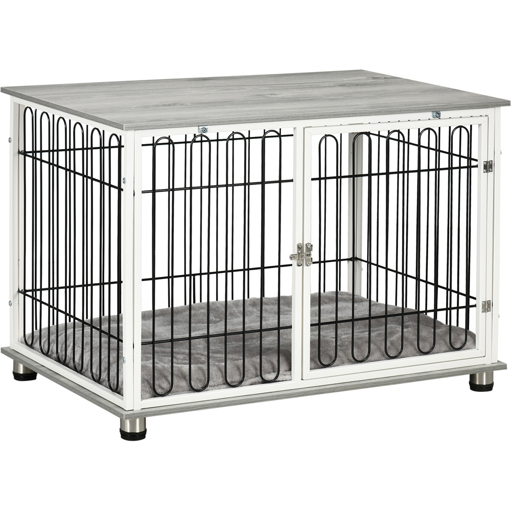 PawHut White Medium Dog Pet Crate Side Table with Cushion Image 1