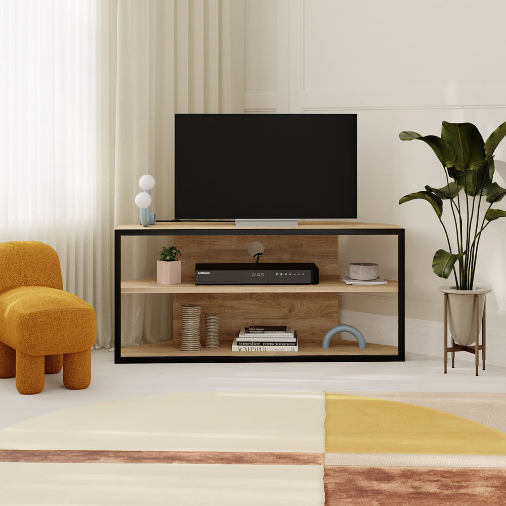 Decortie Echo 2 Shelf Oak Metal Frame Modern TV Unit Image 4