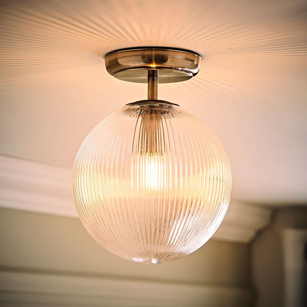 ValueLights Kempton Brushed Chrome Ribbed Globe Shade Flush Ceiling Light with Bulb Image 2