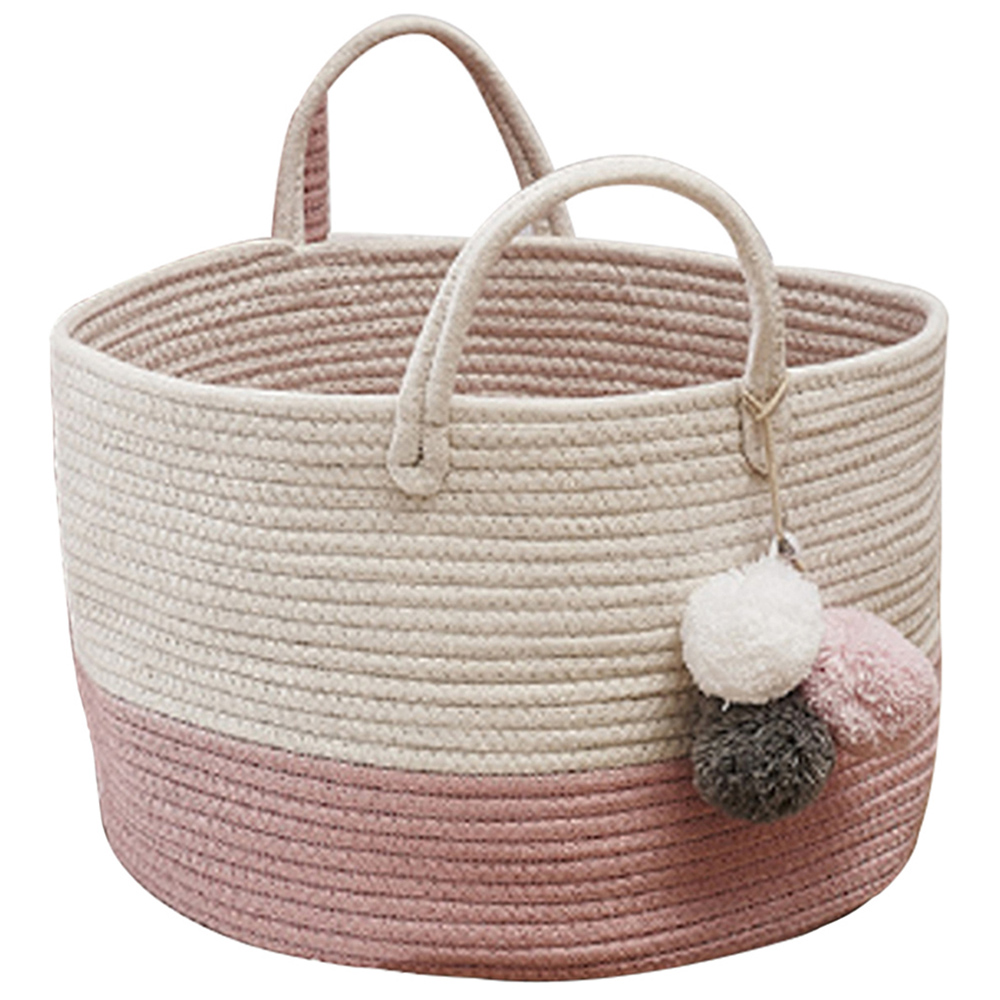 Living and Home Kids Pink Woven Storage Basket with Pom Pom Image 3