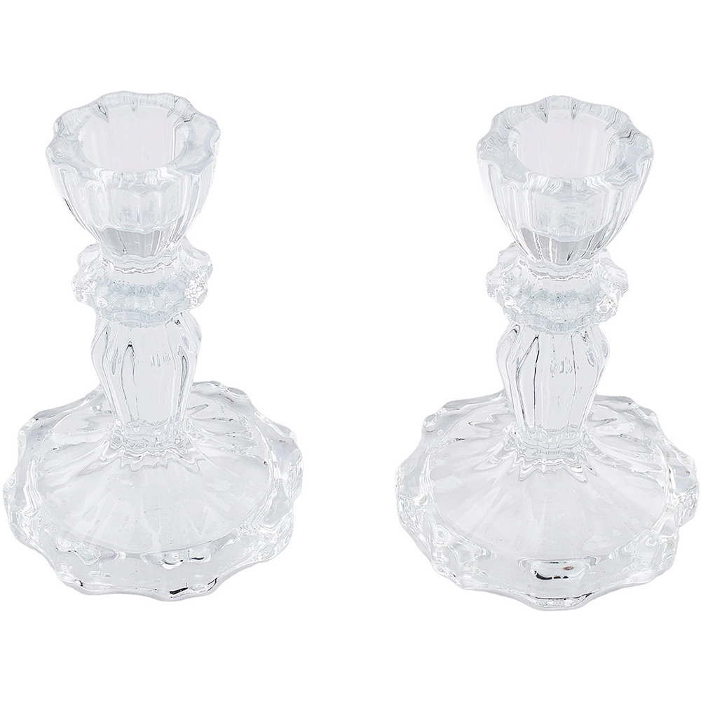Living and Home Clear Glass Wide Base Candlestick Holder Set of 2 Image 5
