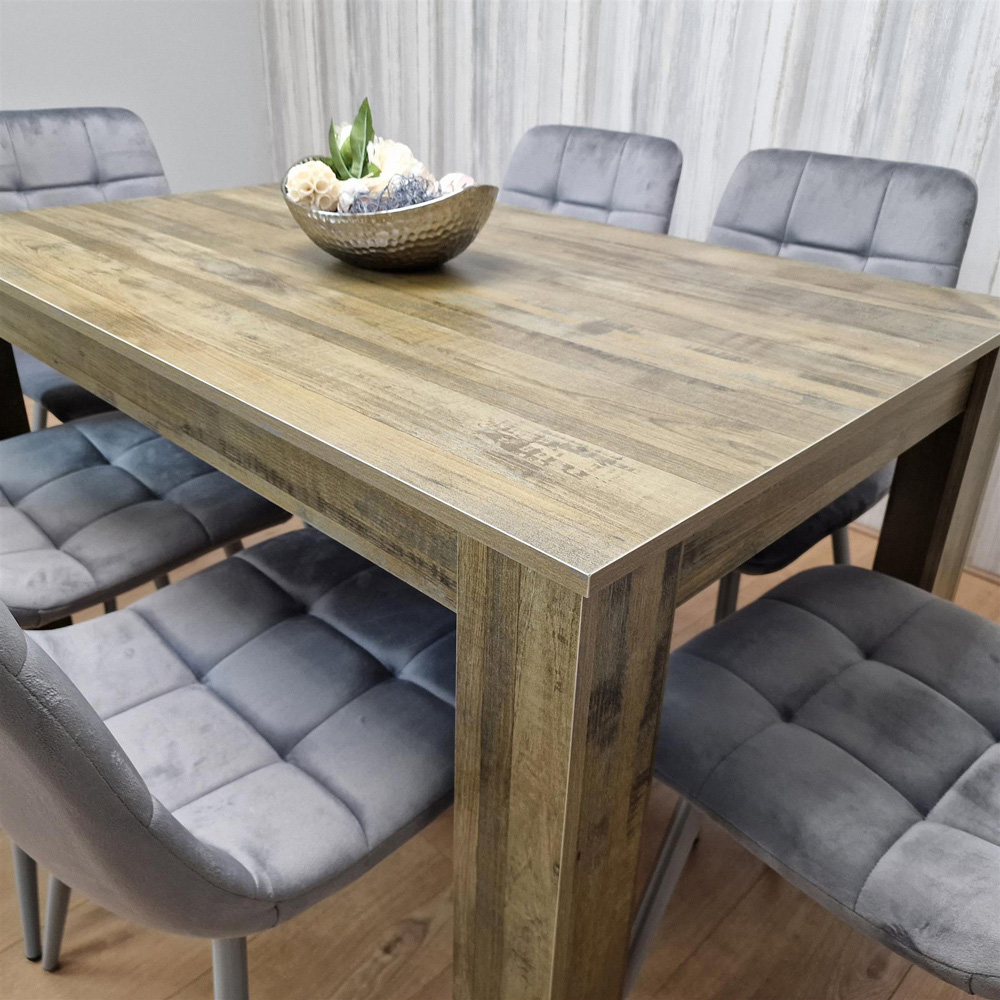 Portland 6 Seater Velvet Dining Set Rustic Effect and Grey Image 6
