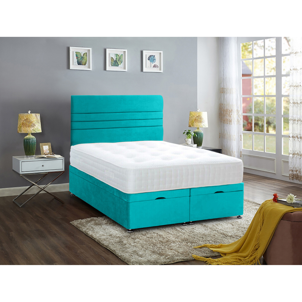 Eleganza Home Napster Single Teal Plush Velvet Divan Ottoman Bed with Lined Headboard Image 2