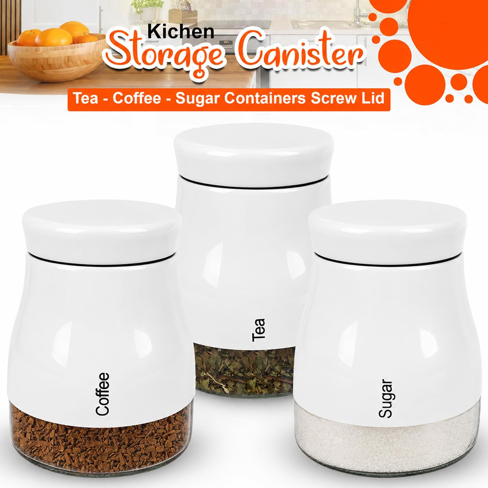ATEK 3 Piece Tea Coffee and Sugar White Kitchen Canister Set Image 4