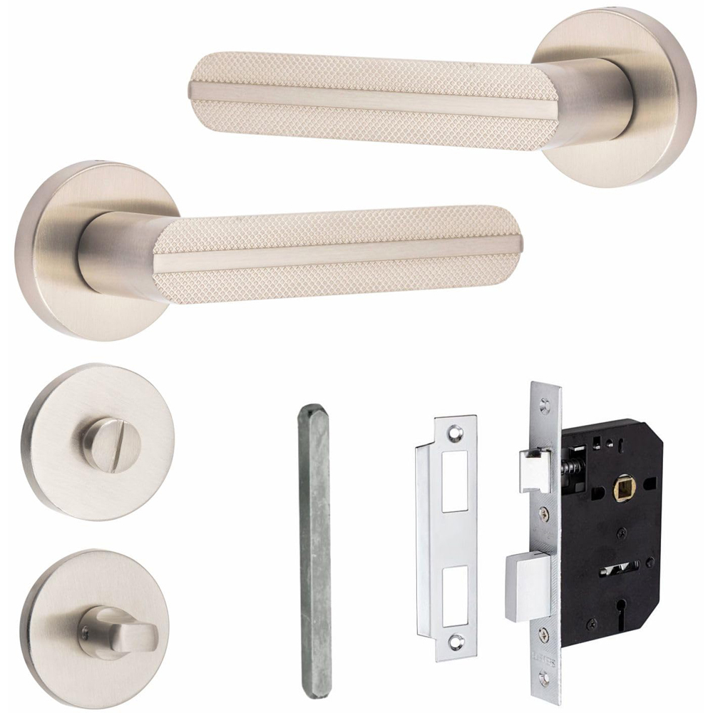 Golden Grace Satin Nickel Modern Lima Knurled Bathroom Door Handle Set Image 1