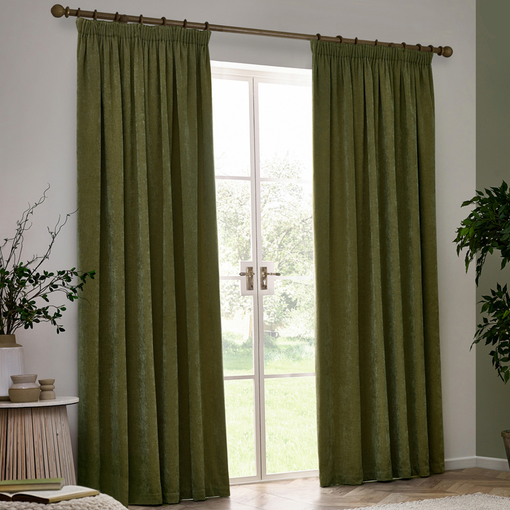 Yard Heavy Olive Chenille Velvet Pencil Pleat Curtains 168 x 137cm Image 1