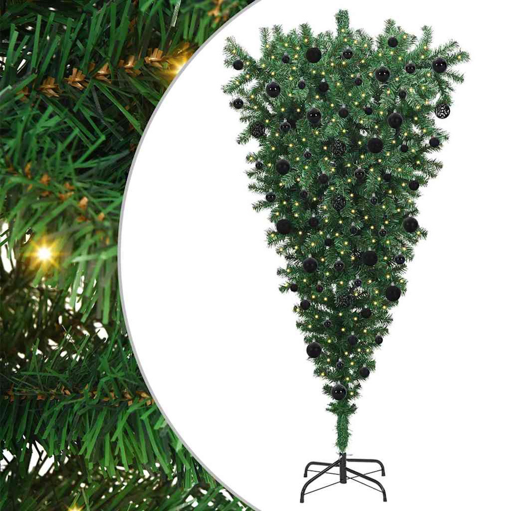 vidaXL Pre-Lit Black Bauble Green Upside-Down Artificial Christmas Tree 7ft Image 6