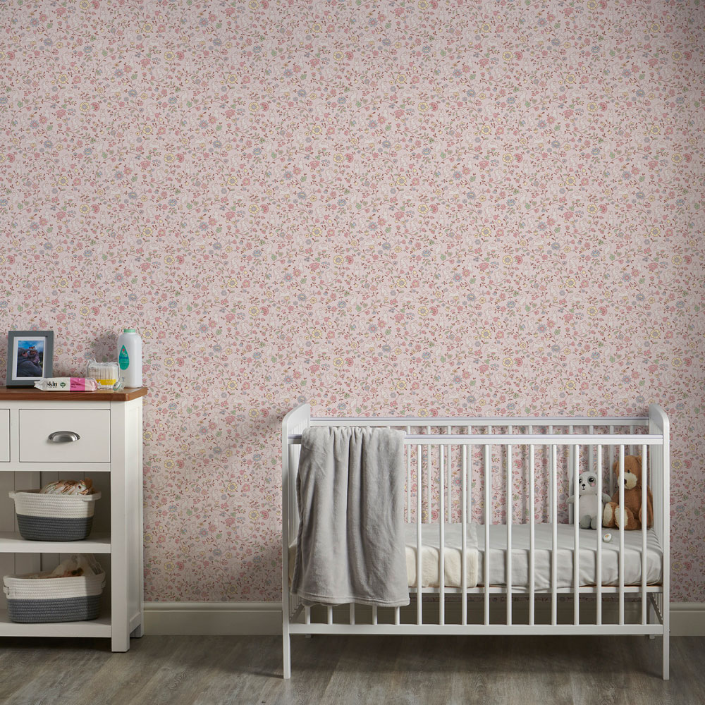 Grandeco Liberty Floral Bunny Trail Nursery Pink Textured Wallpaper Image 4