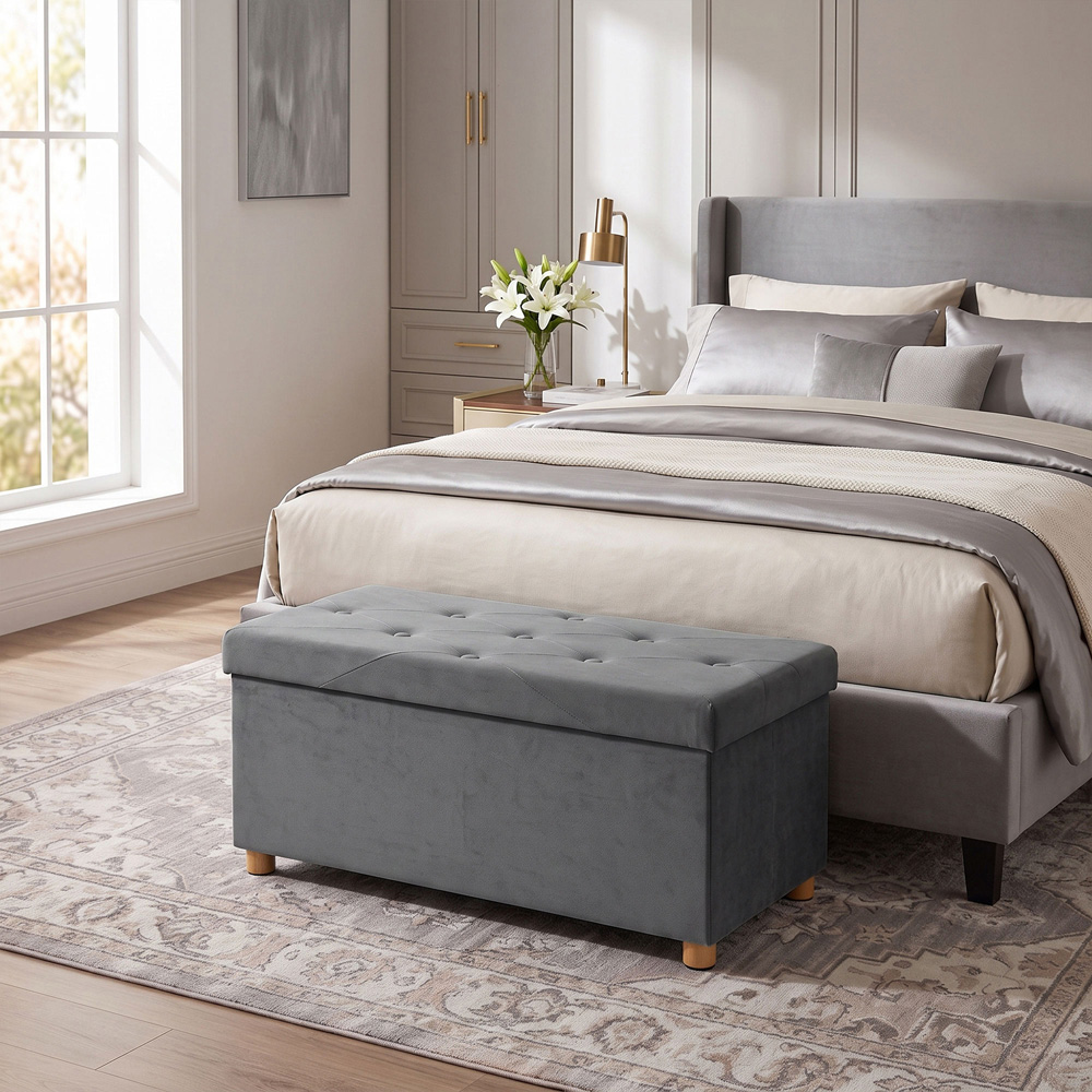 HOMCOM Grey Velvet Upholstered Foldable Ottoman Footrest with Wood Legs Image 2
