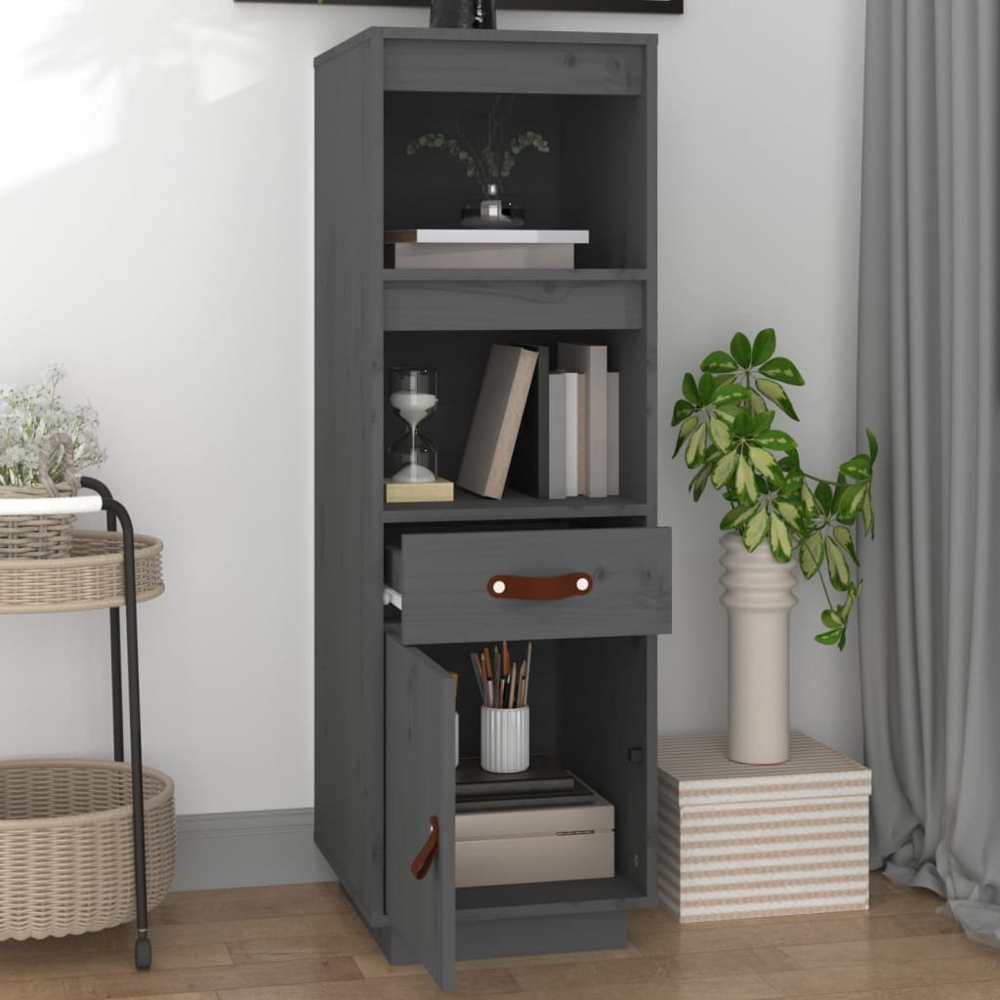 vidaXL Single Door Single Drawer 2 Shelf Grey Solid Wood Pine Highboard Image 3