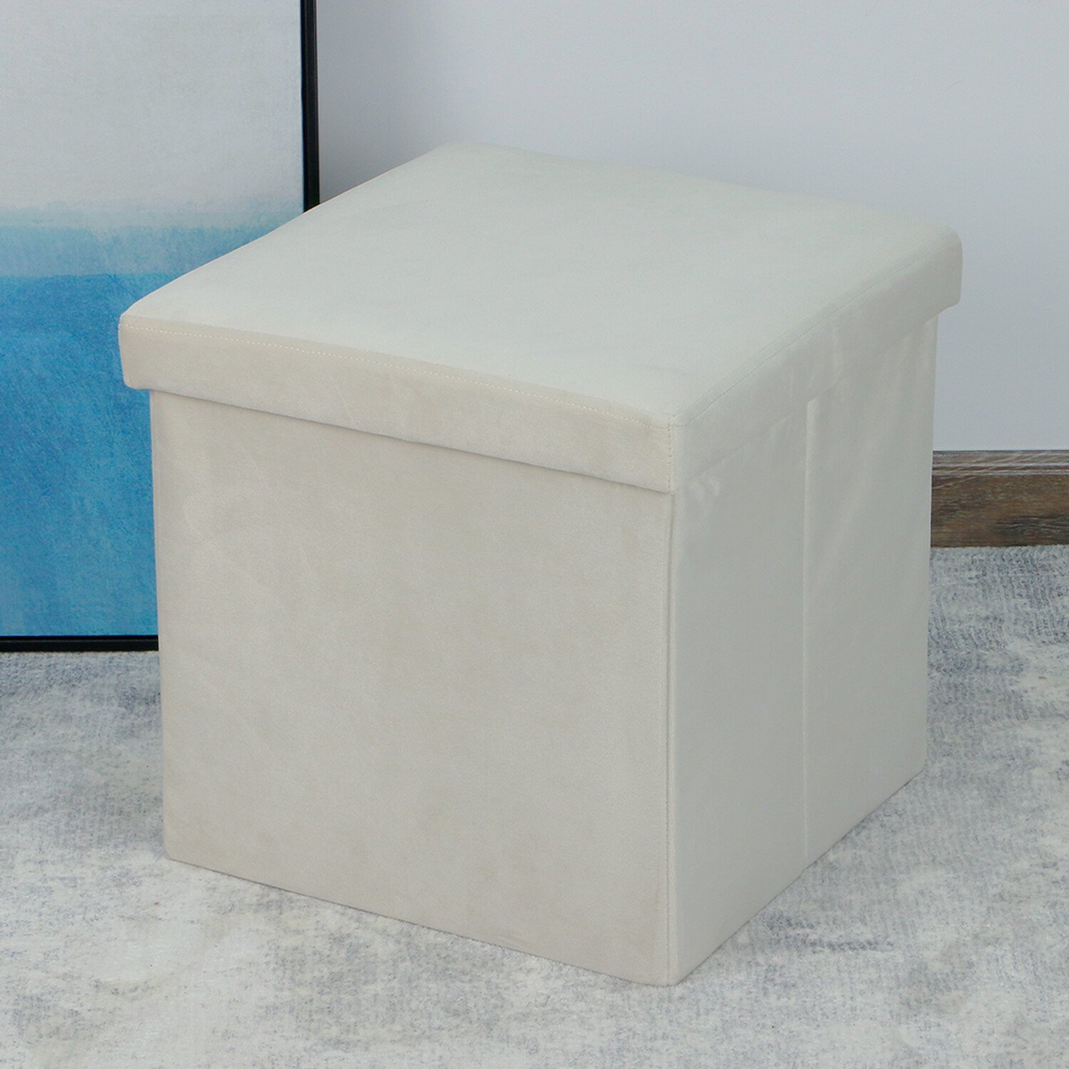 Cream Seville Crushed Velvet Cube Ottoman Storage Box Image 6