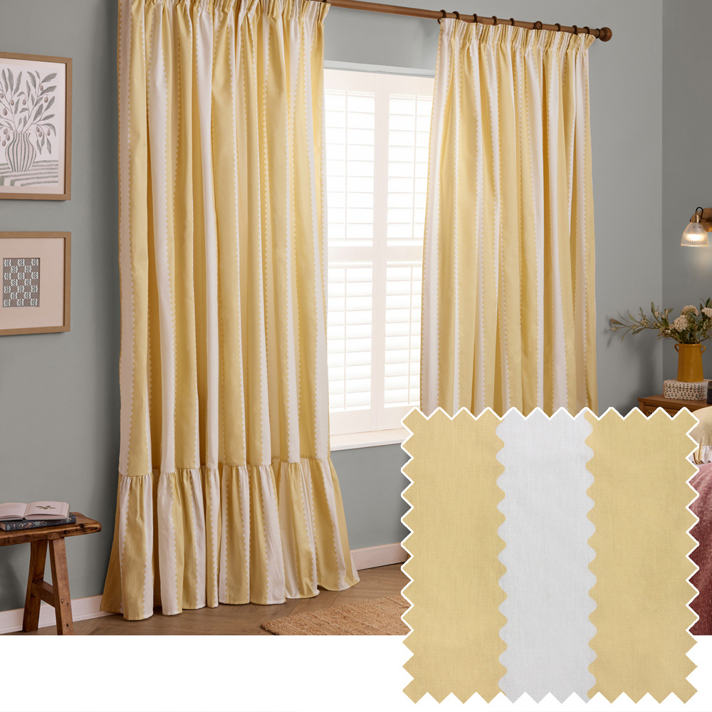 Furn Birdie Butter Yellow Stripe Cotton Fully Lined Pencil Pleat Curtains 168 x 229cm Image 2