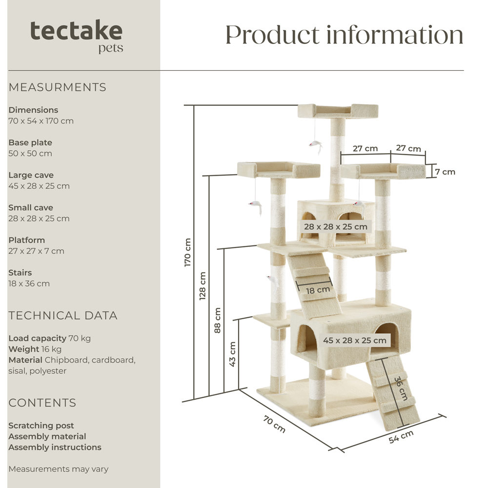 tectake Barney Beige Cat Tree with Scratching Posts 170cm Image 9