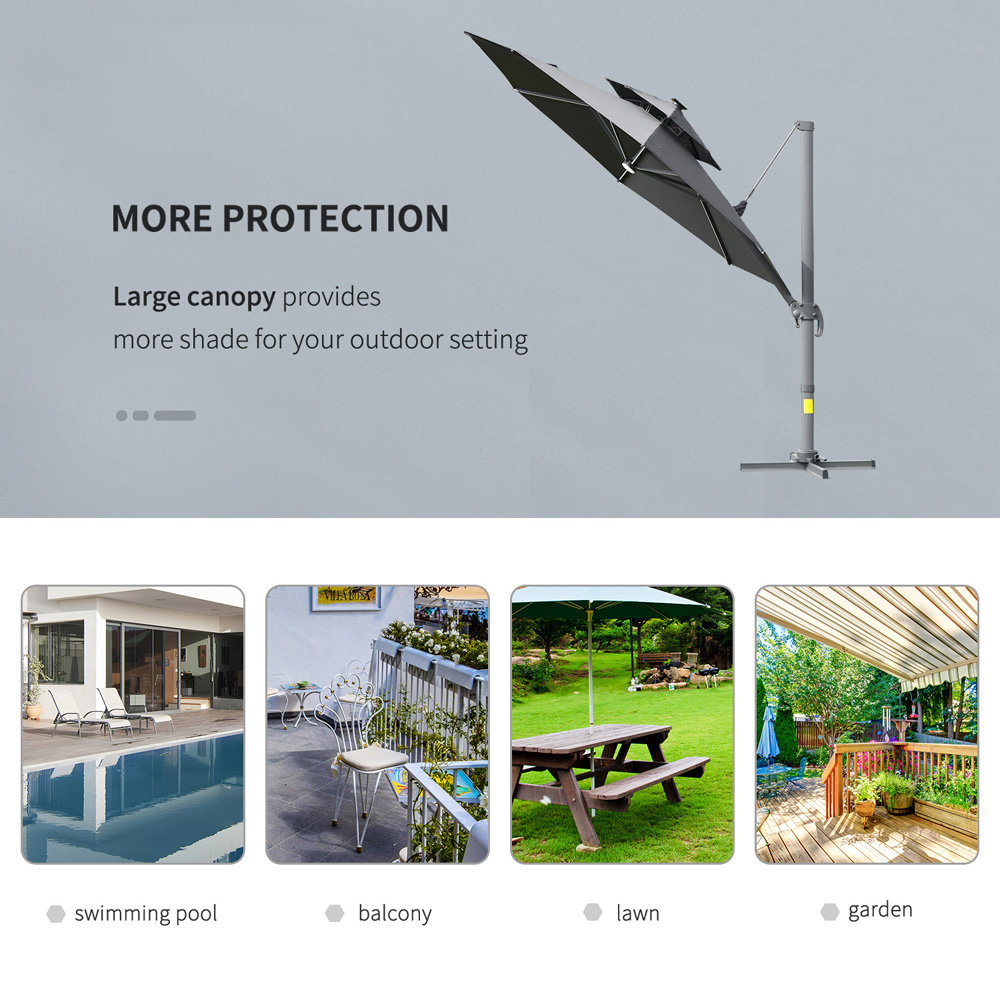 Outsunny Grey Solar LED Cantilever Banana Parasol with Cross Base 3m Image 3