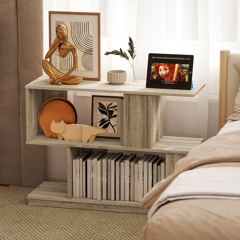 HOMCOM 4 Shelf Natural Wood Finish S Shaped Nightstand Image 4