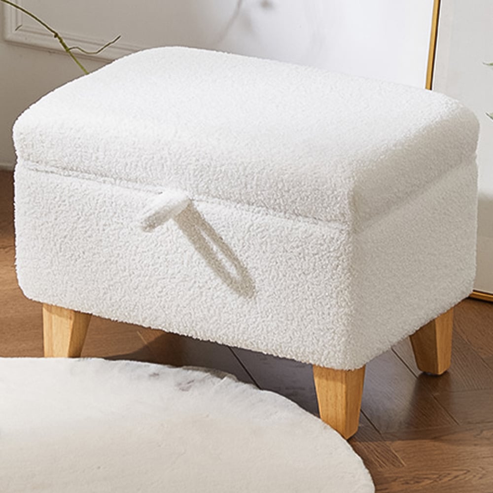 Living and Home White Teddy Fleece Upholstered Storage Ottoman Image 1