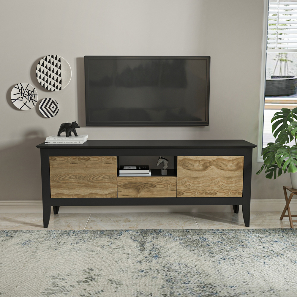 Decorotika Verde 3 Door Single Shelf Oud and Black TV Unit Image 5