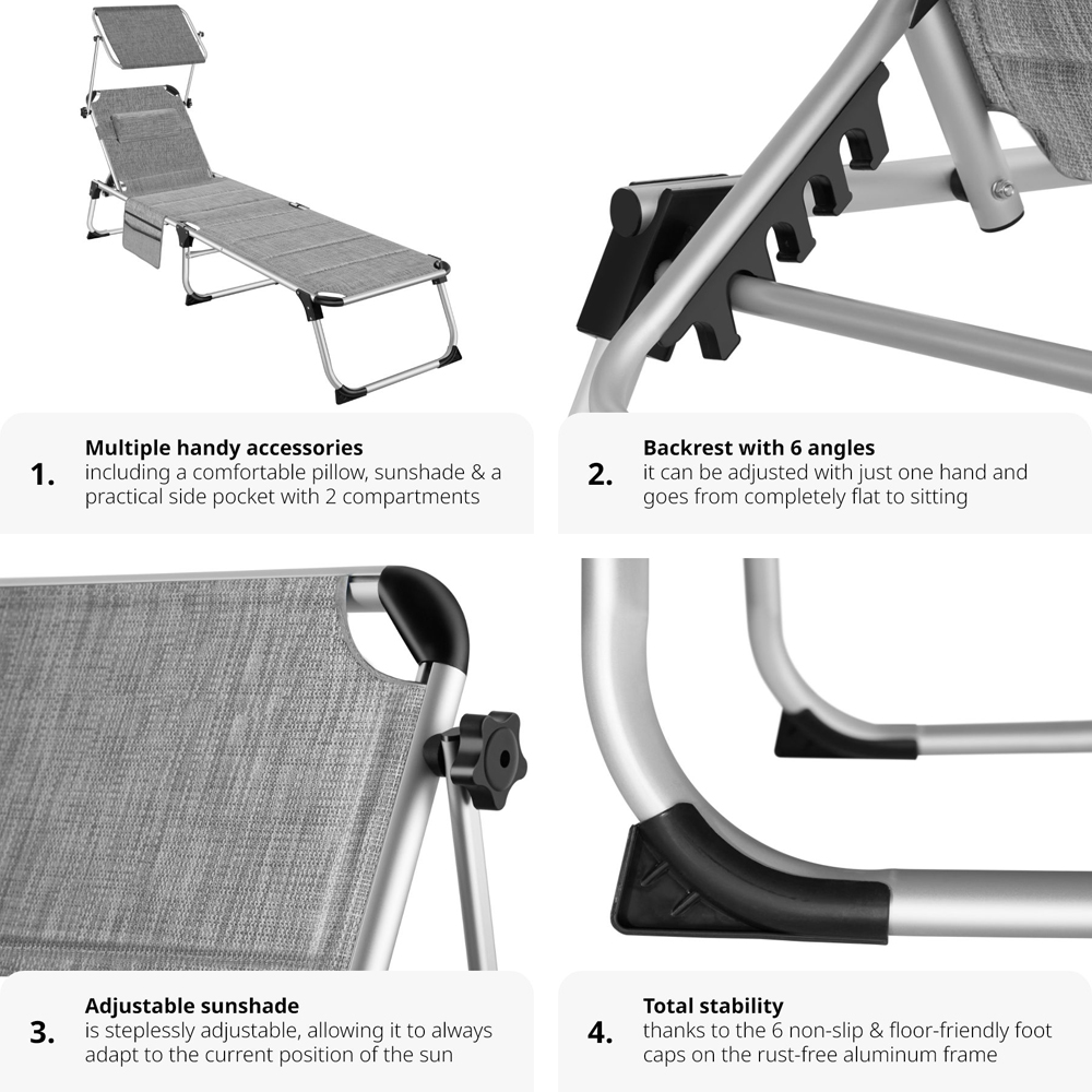tectake Lorella Mottled Grey Aluminium Frame Foldable Sun Lounger Image 3