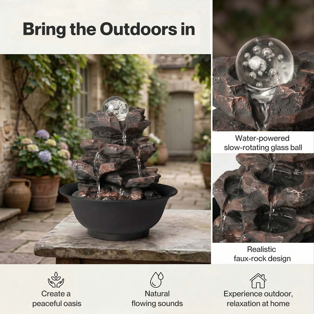 Spector Brown Resin 3 Speed Flow Tabletop Water Fountain with Glass Ball Image 4