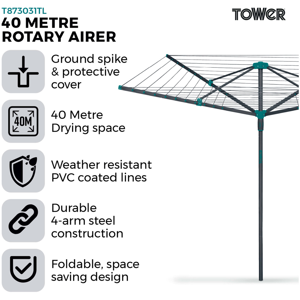 Tower 4 Arm Rotary Airer 40m Image 3