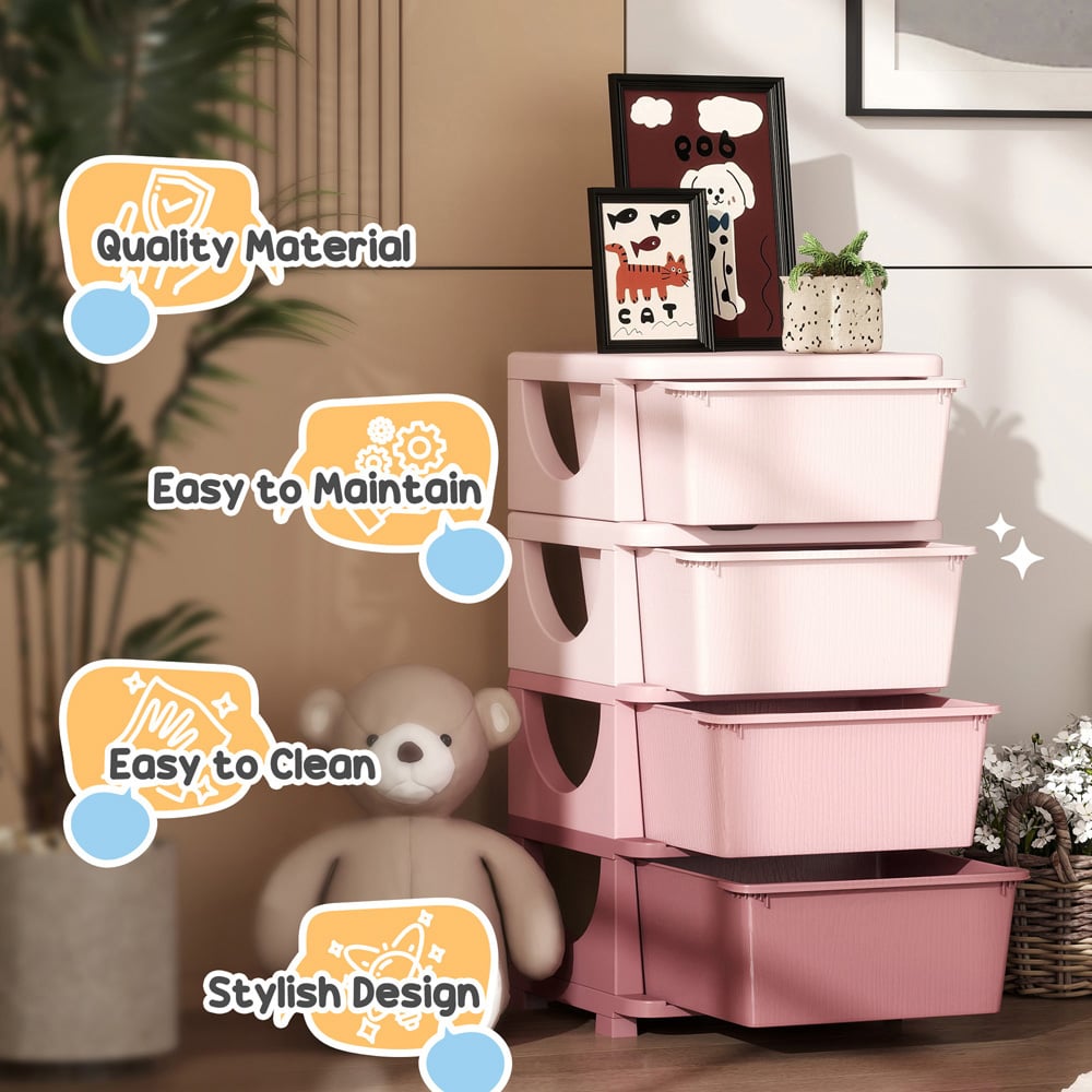 HOMCOM 4 Drawer Pink Kids Chest of Drawers Image 7