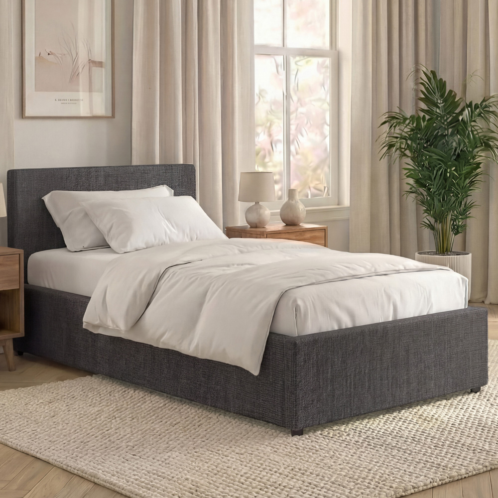 VIDA DESIGNS Veronica Single Dark Grey Linen Ottoman Bed with Padded Headboard Image 1