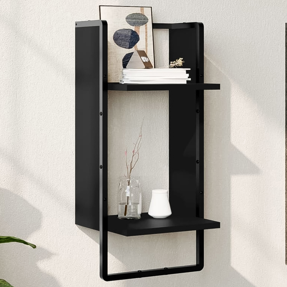 vidaXL 2 Shelf Black Wall Shelf with Bar Image