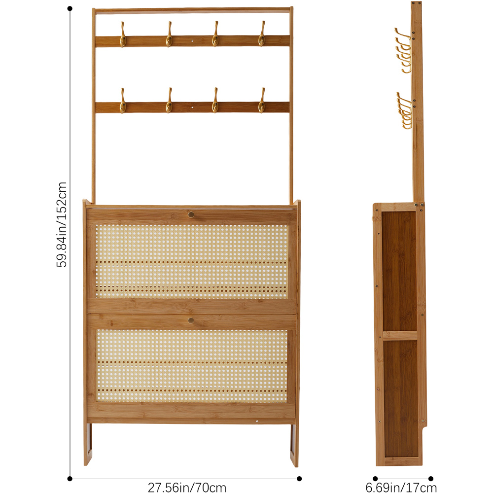 Living and Home 2 Flip Down Drawer Natural Bamboo Shoe Cabinet with 8 Hooks Image 8