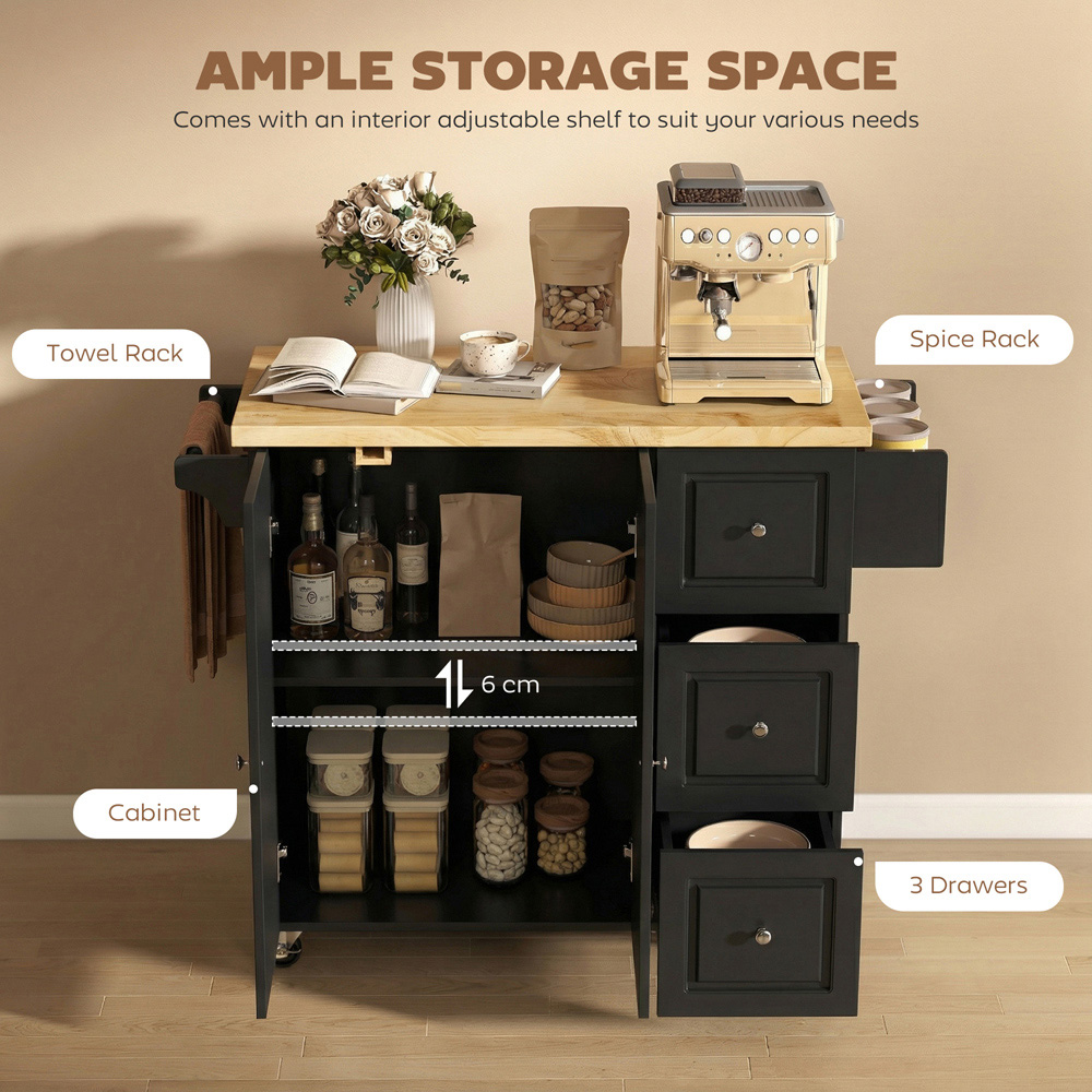 Portland 2 Door 3 Drawer Black Drop Leaf Kitchen Island Storage Trolley Image 5