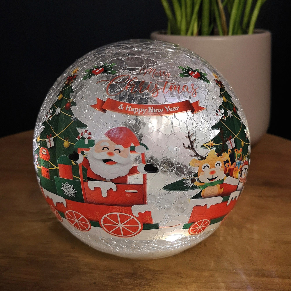 Samuel Alexander Santa and Friends in Train Crackle Effect Glass Ball LED Christmas Decoration Image 2