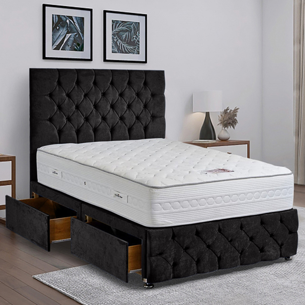Eleganza Home Comfyzone Small Double Black Plush Divan Bed with Chesterfield Headboard Image 1
