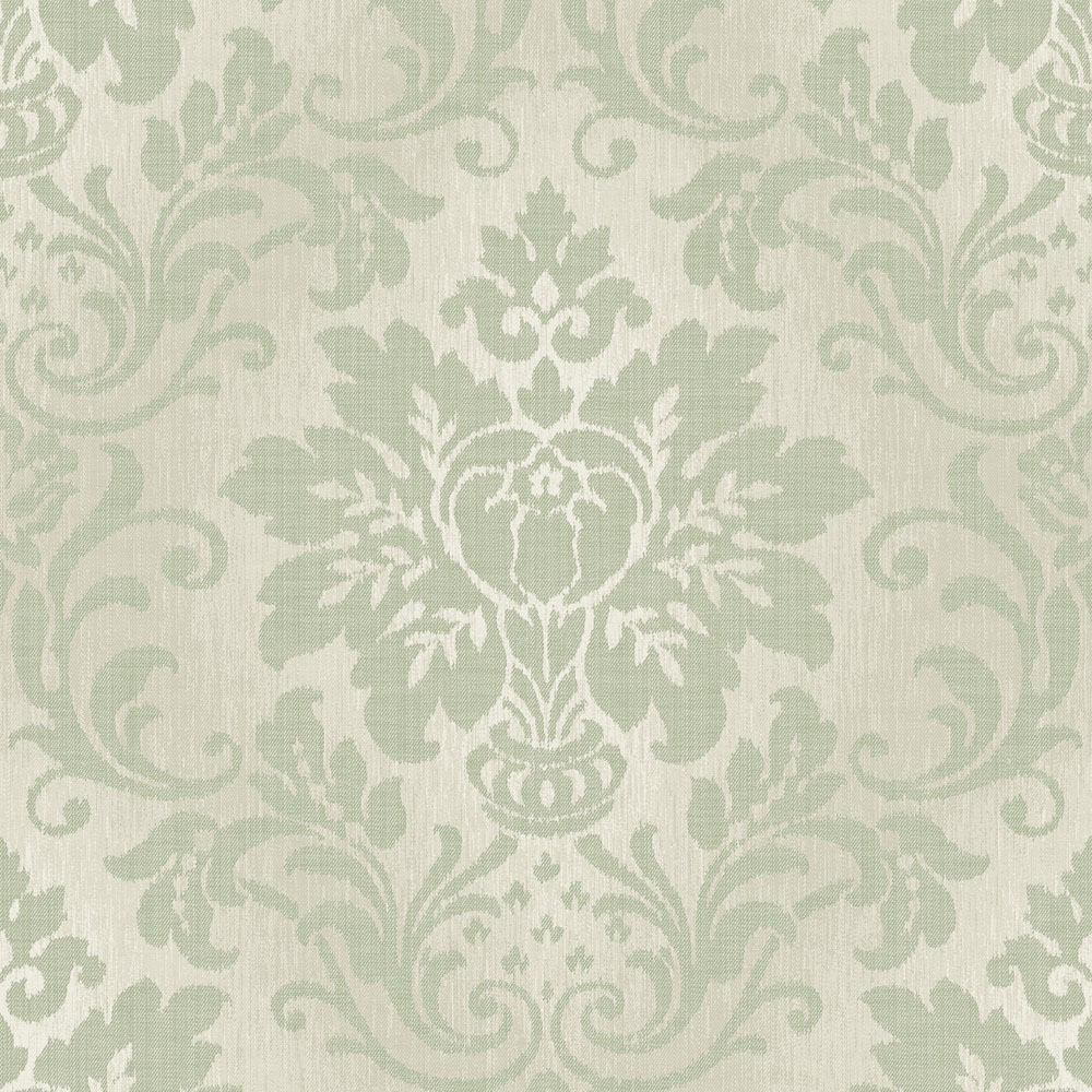 Grandeco Distressed Fabric Effect Damask Sage Green Wallpaper Image 1