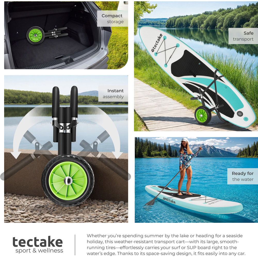 tectake Single Surfboard and SUP Trolley with Wave Wheel and Bungee Cords Image 4
