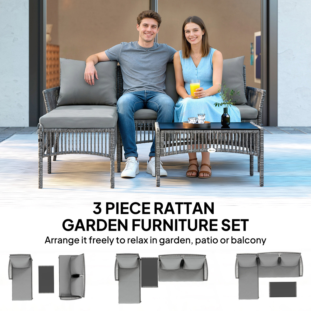 Outsunny 3 Seater Dark Grey Rattan Garden Sofa Set with Cushions Image 7