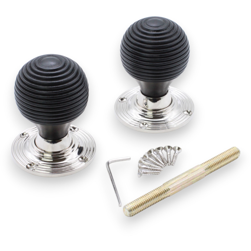 Spira Brass Polished Nickel Ebonised Beehive Rim and Mortice Door Knob 2 Pack Image 4