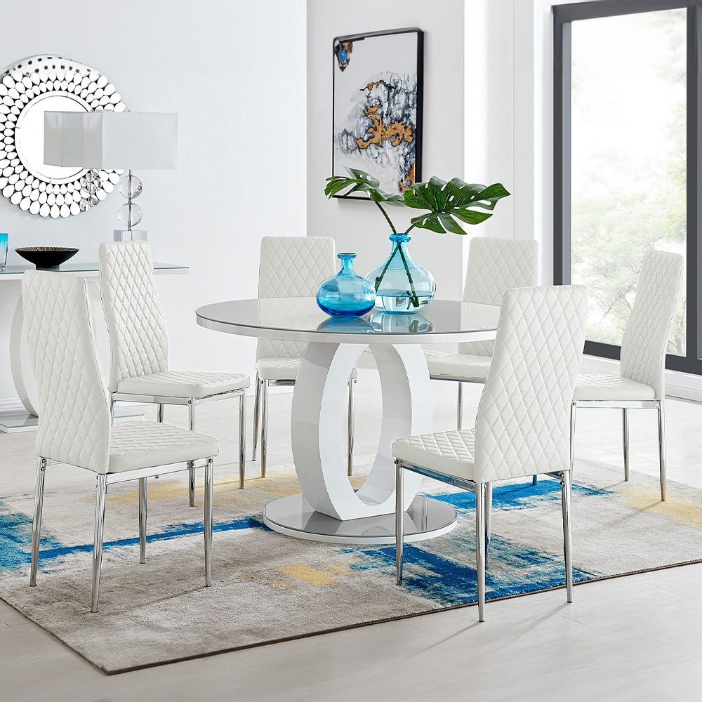 Furniturebox Lucia Valera 6 Seater Round Dining Set Grey Gloss White and Chrome Image 1