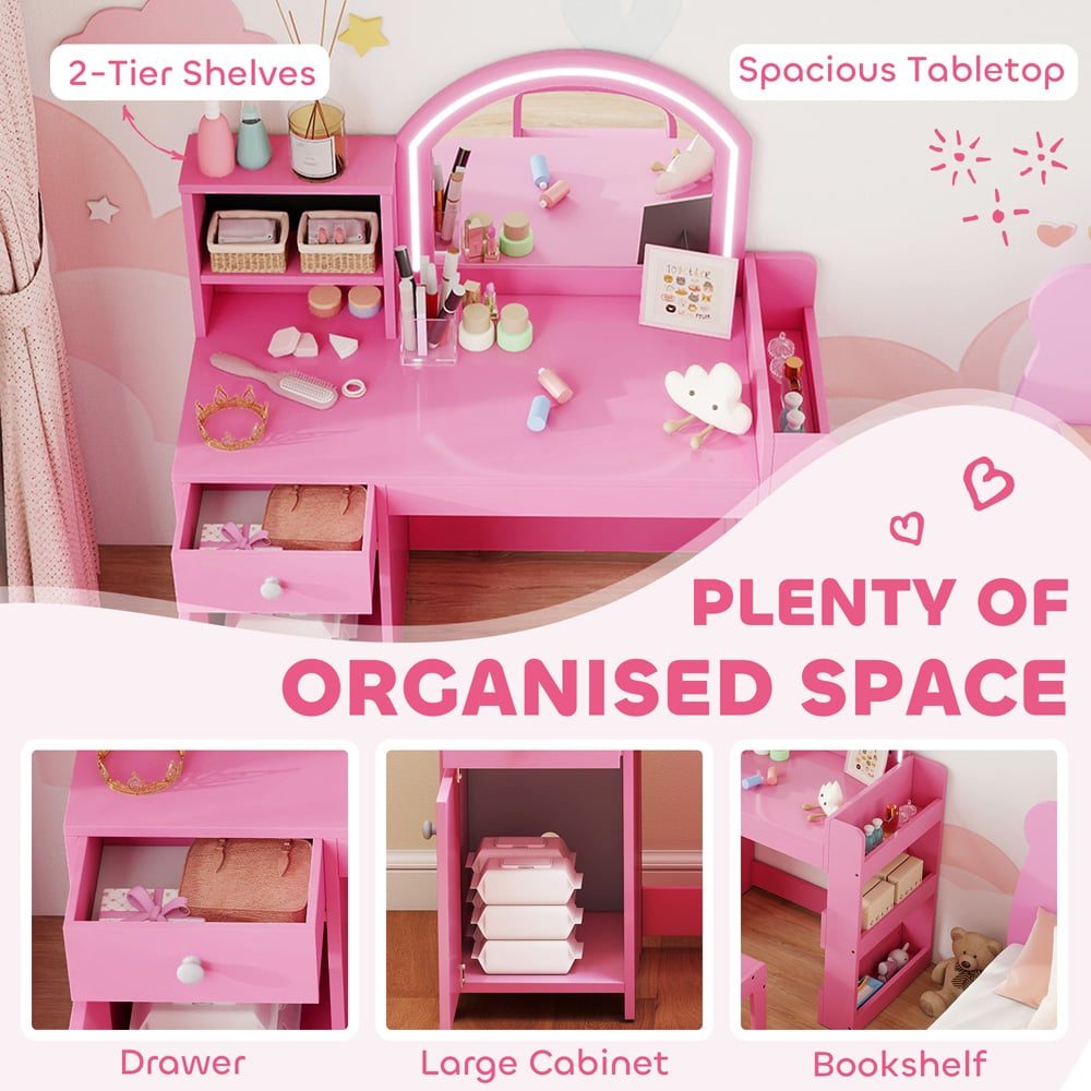 AIYAPLAY 2 Piece Pink LED Mirror Kids Dressing Table and Stool Set Image 6