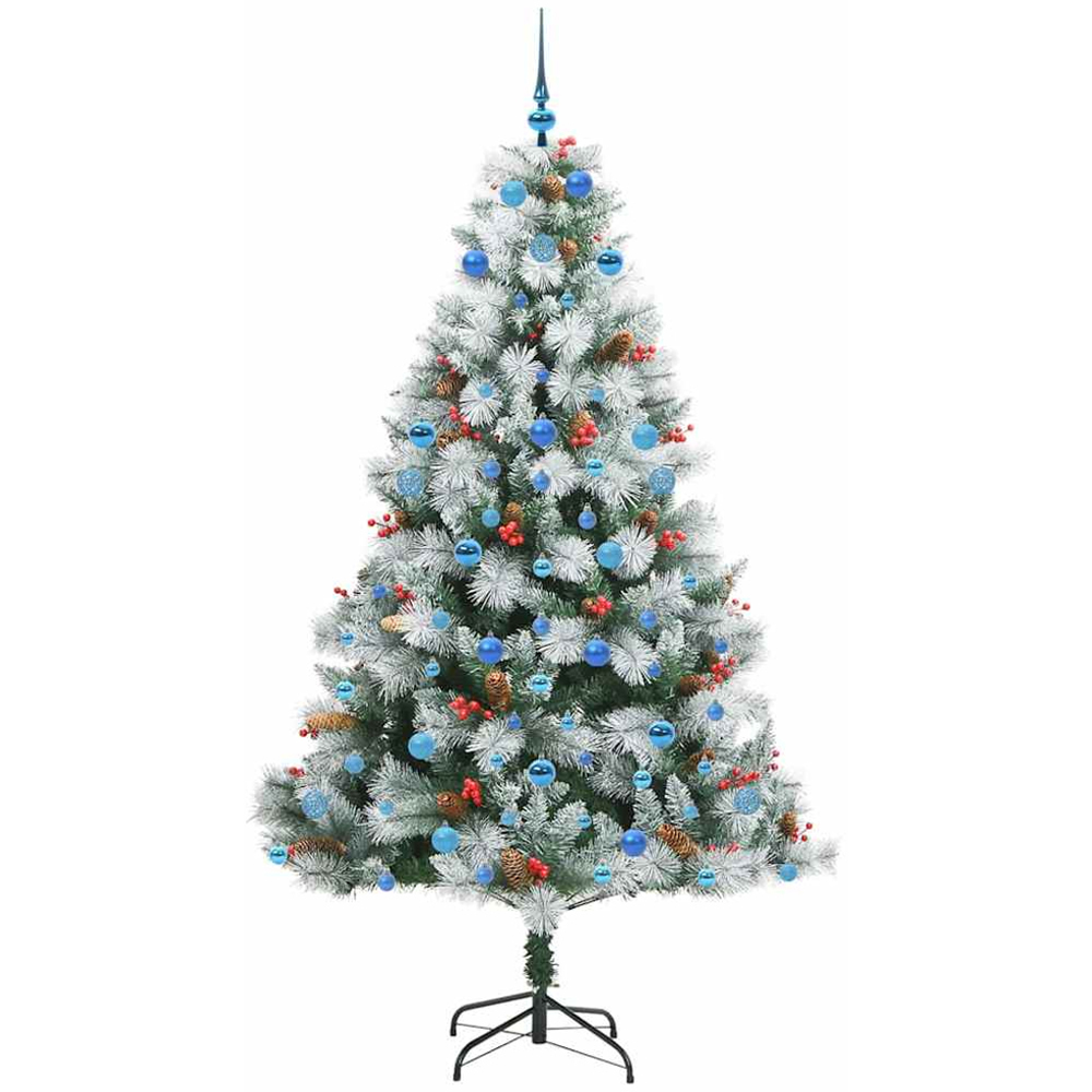 vidaXL Pre-Lit Blue Baubles Green Artificial Snow Flocked Christmas Tree 7ft Image 4