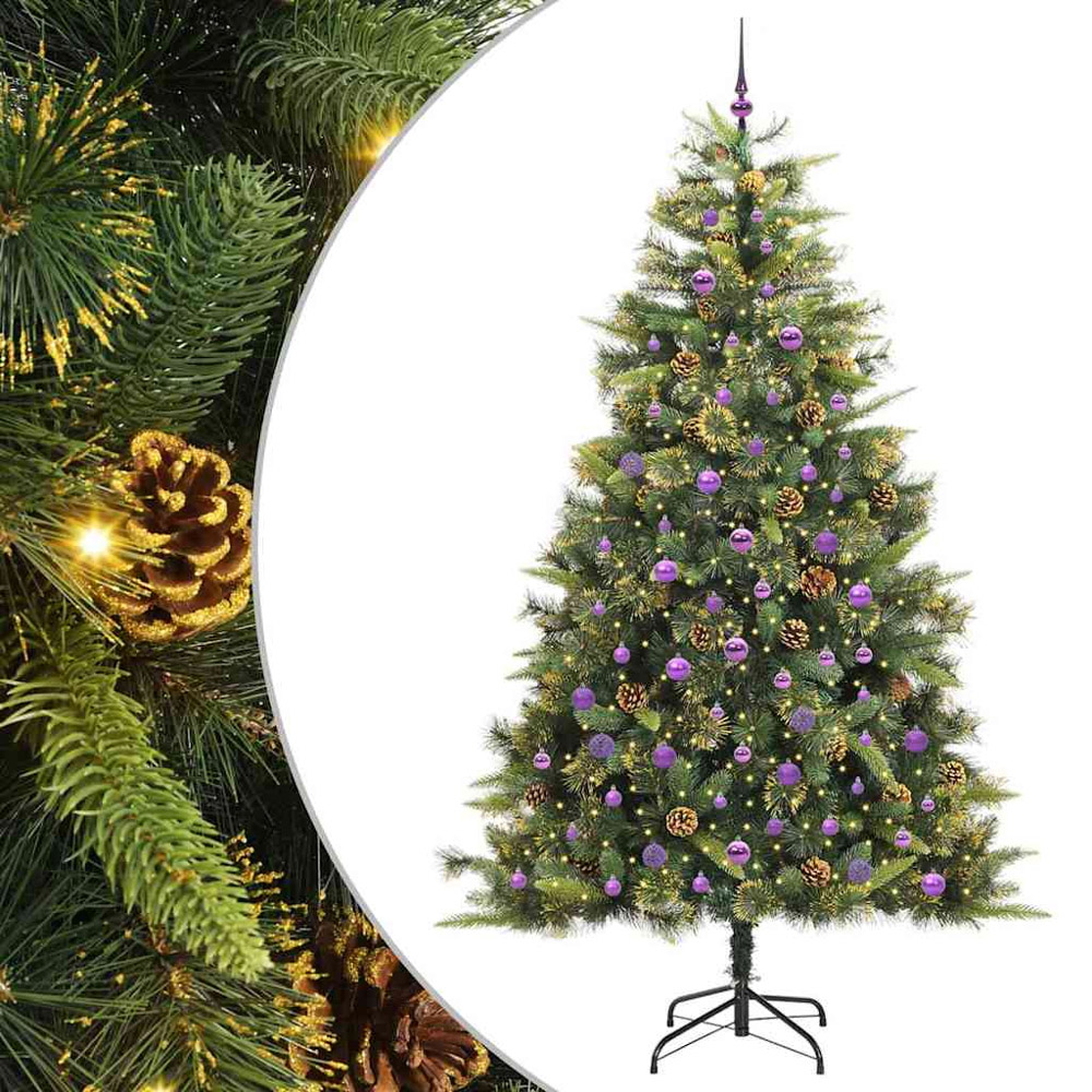 vidaXL Pre-Lit Lilac Baubles and Pinecones Green Artificial Christmas Tree 8ft Image 2
