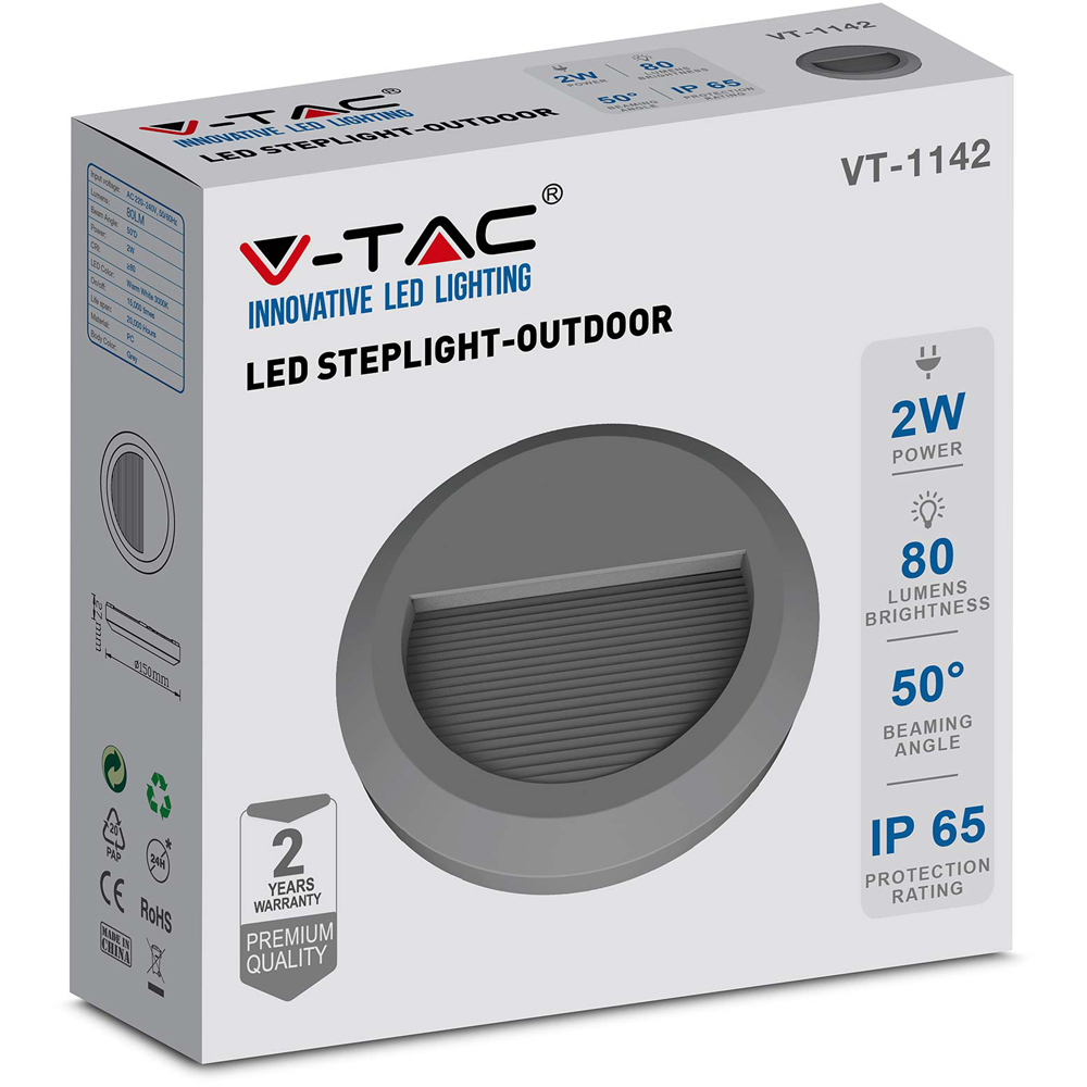 V-TAC 4 Pack 2W Grey Round Warm White LED Step Light Image 6
