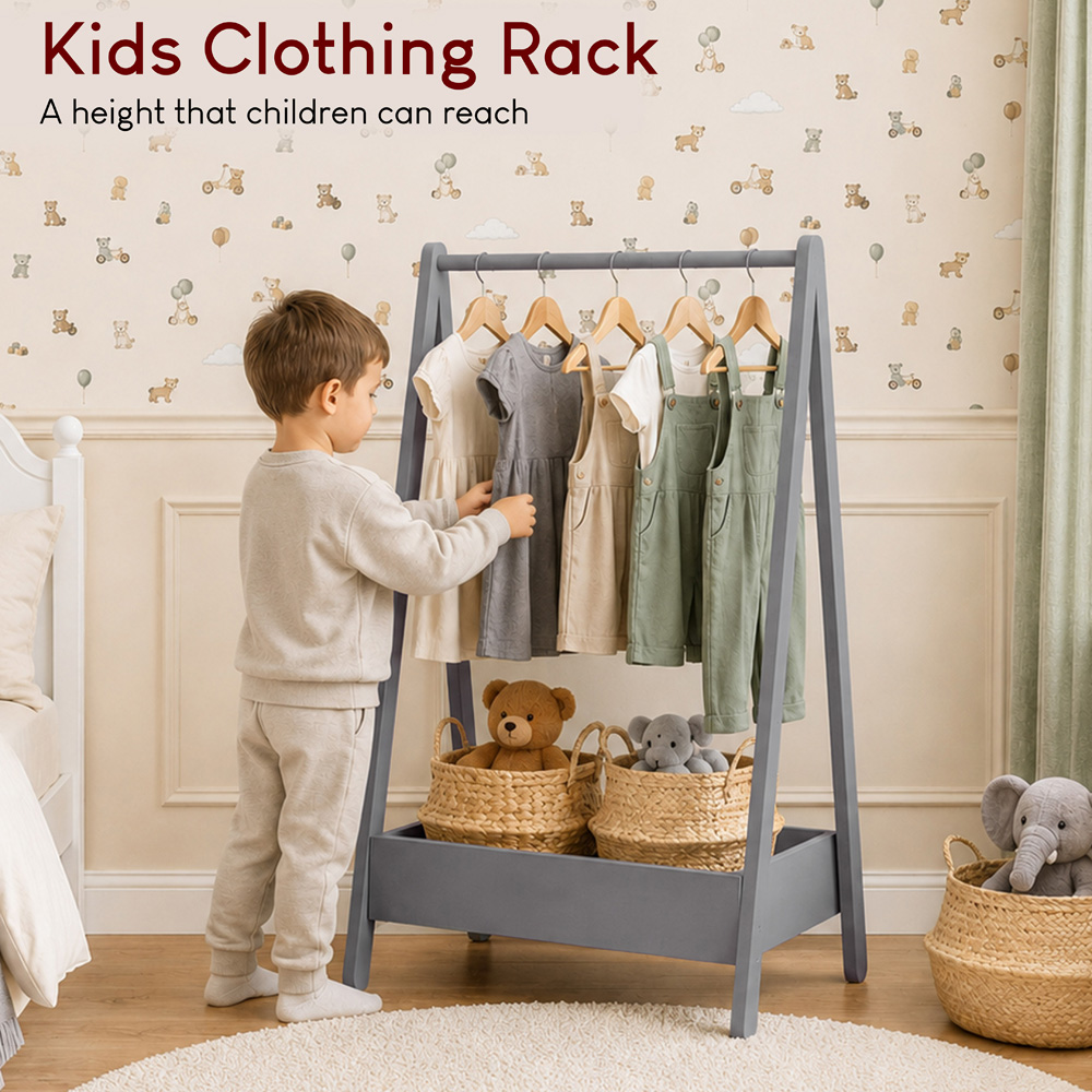 JUNIOR VIDA Grey Kids Clothes Rack with Storage Shelf Image 4