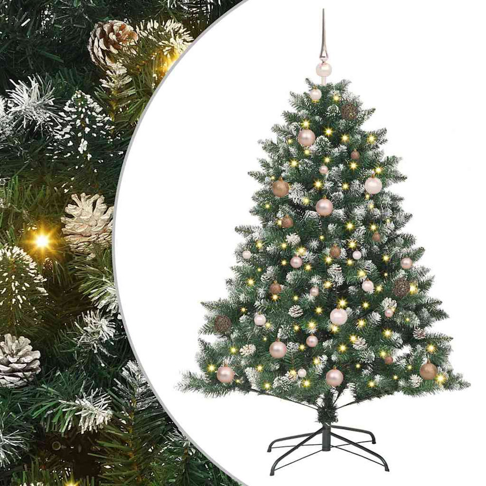 vidaXL Pre-Lit Rose Gold Baubles Green Artificial Snow Tipped Christmas Tree 5ft Image 2