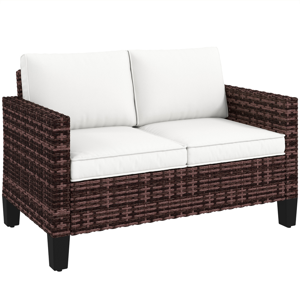 Outsunny 2 Seater Brown Cushion Rattan Garden Sofa Image 2