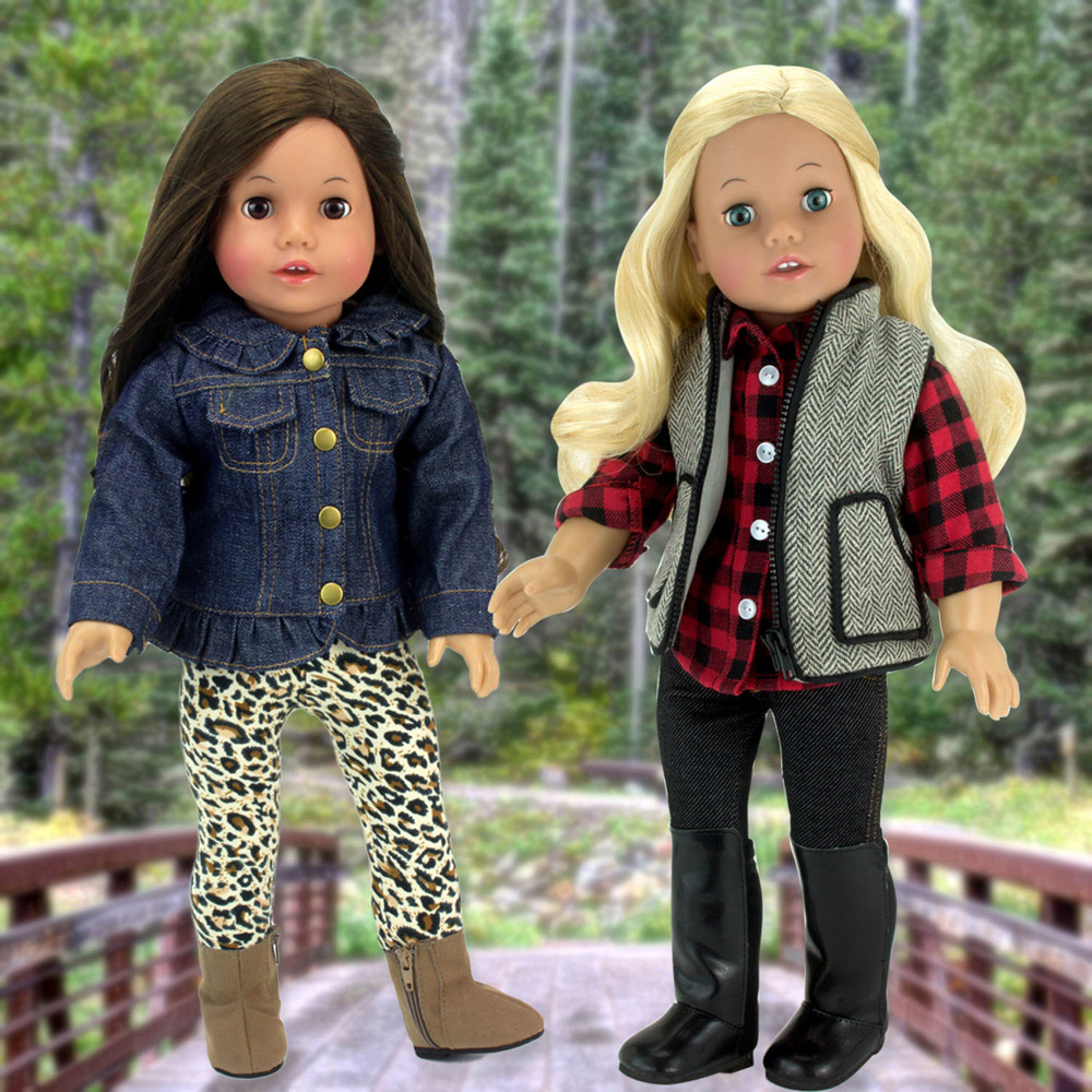 Teamson Kids Sophia's Blue Denim Jacket Animal Print Leggings and Brown Boots Doll Outfit Set Image 2